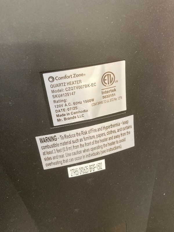 Photo 1 of *PARTS ONLY* Comfort Zone Space Heaters for Indoor Use, Portable Electric Heater, Adjustable Thermostat, Infrared Heat, Quartz Tower Space Heater with 2 Heat Settings, Bedroom Heater, Black