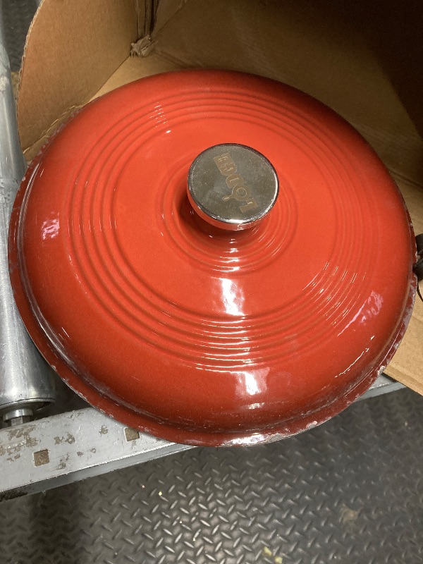 Photo 1 of **LOTS OF CHIPS ON LID*** Lodge Essential Enamel Cast Iron Dutch Oven - Perfect for Bread Baking, Braising, Marinating & Slow Cooking - Features Moisture-Sealing Lid & Dual Handles - Kitchen Essentials - 6 Quarts - Poppy