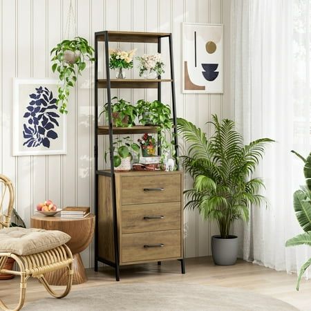 Photo 1 of *Piece(s) cracked* Homfa Trapezoidal Bookshelf 3-Tier Open Storage Shelves with 3 Drawers Rustic Brown Finish
