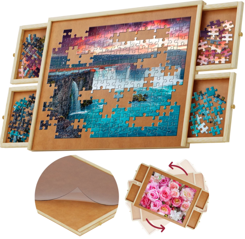 Photo 1 of 1000-Piece Wooden Jigsaw Puzzle Board - Rotating Table, 30” x 22” 4 Drawers & Cover for Adults