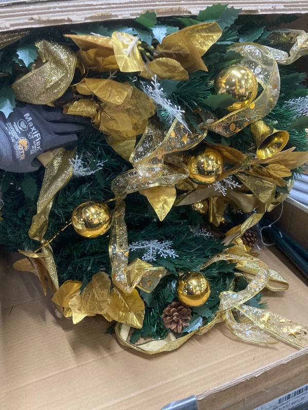 Photo 1 of *Missing wall outlet to test lights* Lyacmy 6FT Pre-lit Pop Up Christmas Tree with Lights Christmas Decorations, Gold Poinsettia Artificial Xmas Tree with 200 Lights Outdoor Indoor Home Decor
