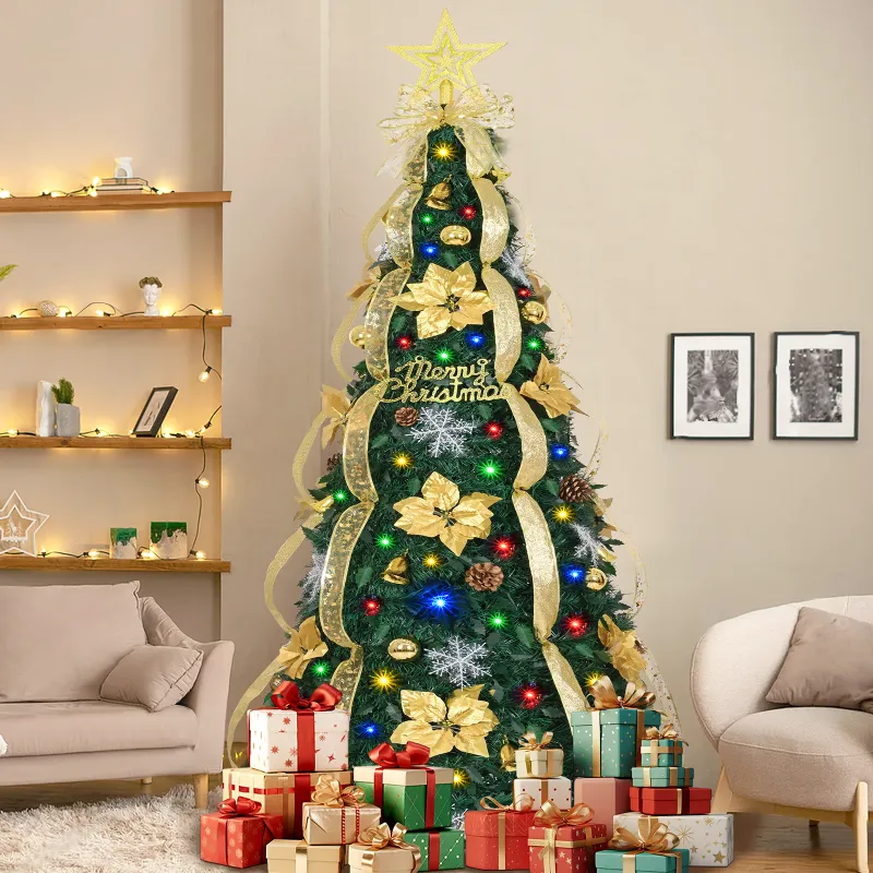 Photo 1 of *Missing wall outlet to test lights* Lyacmy 6FT Pre-lit Pop Up Christmas Tree with Lights Christmas Decorations, Gold Poinsettia Artificial Xmas Tree with 200 Lights Outdoor Indoor Home Decor
