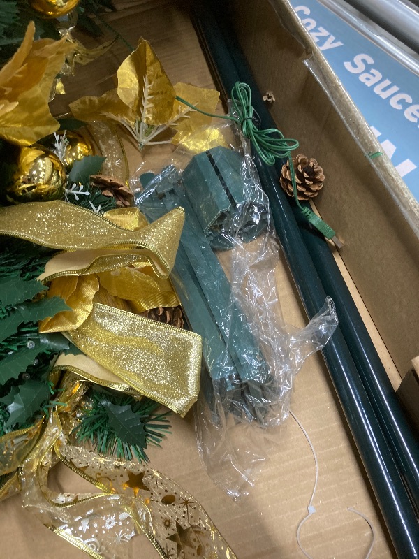 Photo 1 of *Missing wall outlet to test lights* Lyacmy 6FT Pre-lit Pop Up Christmas Tree with Lights Christmas Decorations, Gold Poinsettia Artificial Xmas Tree with 200 Lights Outdoor Indoor Home Decor
