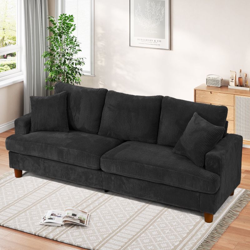 Photo 1 of *Missing Pillows/Hardware?* 87" Corduroy Sofa,3 Seater Sofa with Extra Deep Seats,Neche Comfy Upholstered Couch for Living Room,2 Pillows,Black