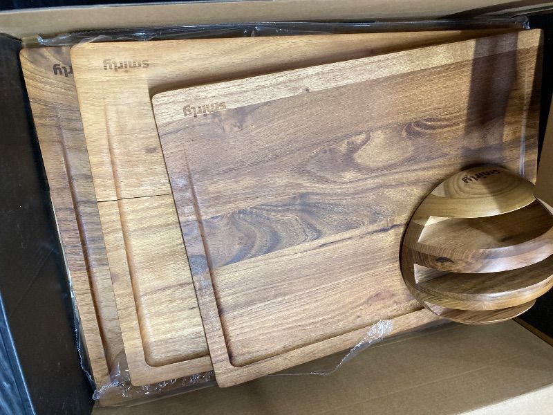 View 3 of ***THE MIDDLE BOARD IS CRACKED AS PICTURED***SMIRLY Wood Cutting Boards for Kitchen Wooden Chopping Board Set Reversible with Deep Juice Grooves Grip Handles, Large Charcuterie Tray, Ideal for Chopping Meat Vegetables Teak Wood, 3Pcs with Holder***THE MID