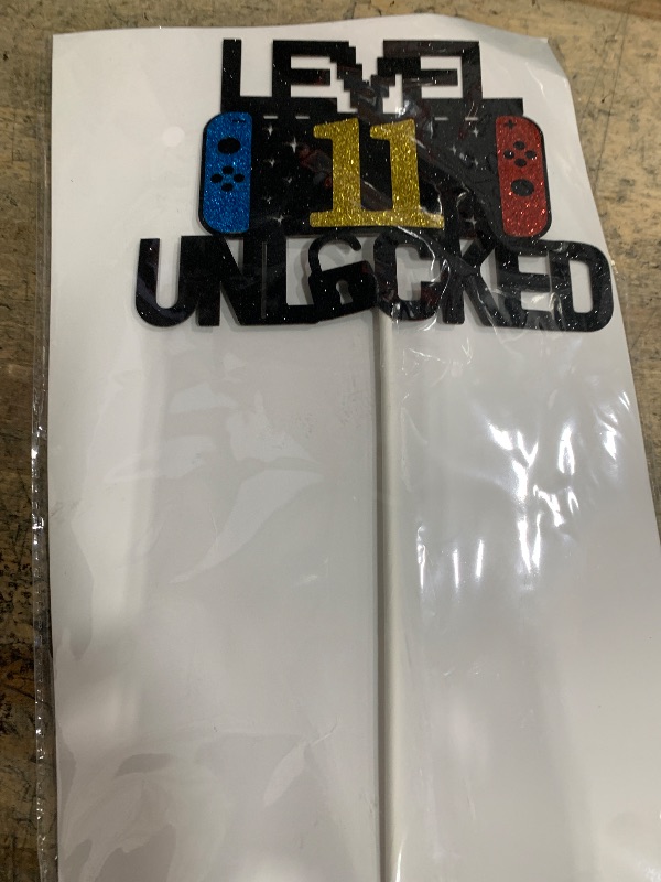 Photo 3 of Level 11th Unlocked Sign Cake Topper Happy 11th Birthday Level Up Eleventh Cake Decorations for Video Game Controller Themed Kids Boy Girl Bday Party Supplies Double Sided