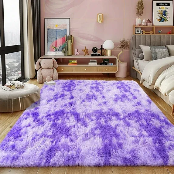 Photo 1 of Hutha Large Area Rug, 7x10 Tie-Dyed Light Purple Fluffy Shag Rugs for Living Room Bedroom, Modern Aesthetic Super Soft Anti-Skid Indoor Carpet for Nursery Kids Room Home Decor