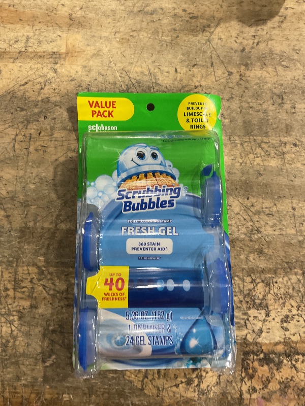 Photo 1 of *1 USED* Scrubbing Bubbles Fresh Gel Toilet Bowl Cleaning Stamps, Helps Keep Toilet Clean and Helps Prevent Limescale & Rings, Rainshower Scent, 1 Dispenser with 24 Fresh Gel Stamps
