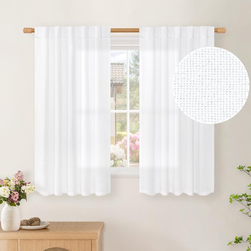 Photo 1 of  White Linen Curtains for Kitchen Window Over Sink, Short Semi Sheer Drapes Light Filtering with Rod Pocket Back Tab for Cafe Bathroom Window, 2 Panels,