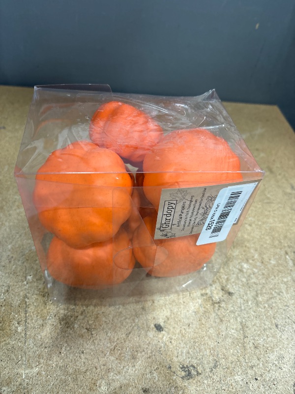 Photo 1 of 10Pcs Fake Pumpkins Fall Thanksgiving Decorations,Orange Plastic Pumpkins Home Decor, Artificial Mini Pumpkin for Decorating Autumn Harvest Outdoor Indoor Fall Decor Centerpiece Table Decorations