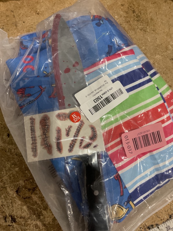 Photo 1 of ?5 Sizes?Halloween Costume Chucky Costume for Adults Men Outfit Women Long Sleeve Overalls Prop Knife Toy Scar Tattoos - M Size