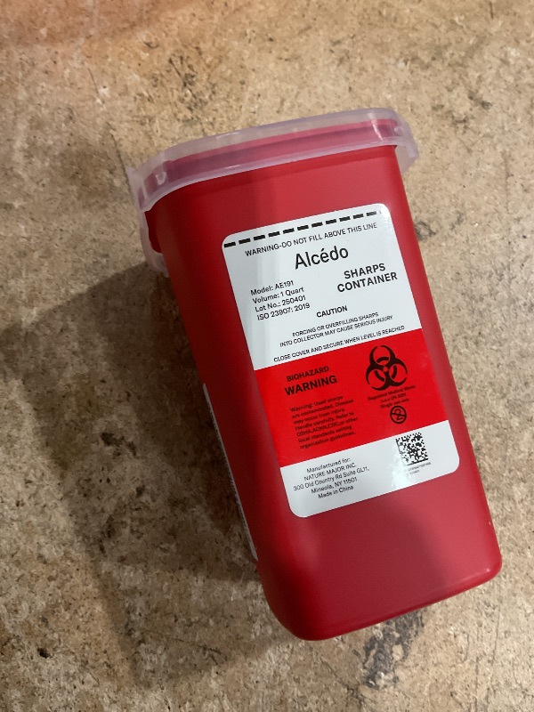 Photo 1 of ***LID IS NOT FULLY ATTACHED*** Alcedo Sharps Container for Home Use 1 Quart (1-Pack) | Biohazard Needle and Syringe Disposal | Small Portable Container for Travel and Professional Use