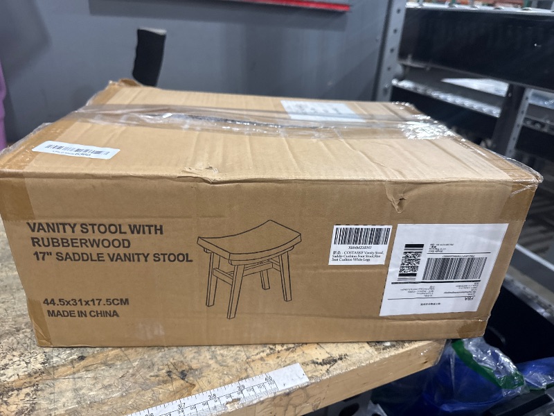 Photo 1 of *MISSING HARDWARE**COSTASKF Vanity Stool with Saddle Cushion, Small Solid Wood Makeup Chair with High-Rebound Sponge Seat, Easy Assembly Footstool for Bedroom, Bathroom, Entryway, Flax White