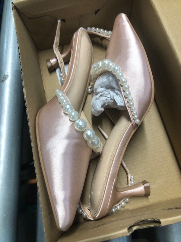 Photo 1 of (see all images) Coutgo Womens Pearl Kitten Heels Closed Pointed Toe Wedding Bride Dress Shoes Ankle Strap Satin Pumps, Pink, Size 6
