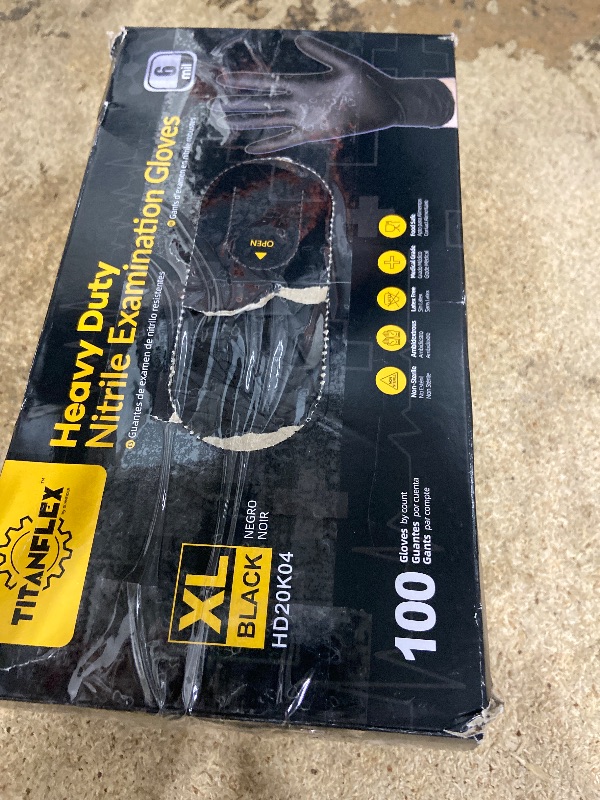 Photo 1 of *box damaged - product still intact *TitanFlex Disposable Nitrile Exam Gloves, 6-mil, Black, XL 100-ct Box, Heavy Duty, for Cooking, Mechanics, Latex Free, Food Safe Rubber for Food Prep