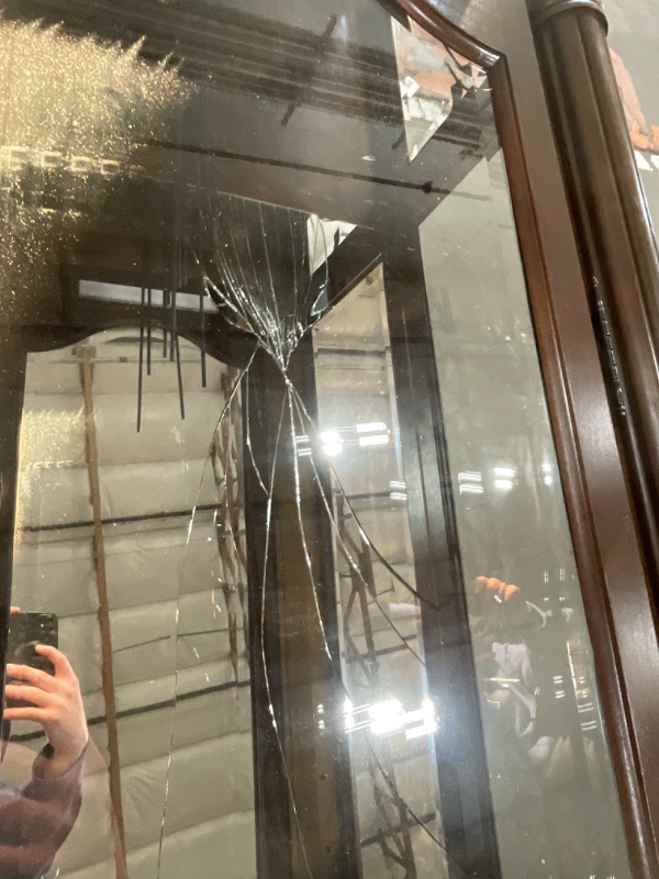 Photo 1 of ***1 BROKEN MIRROR AND MISSING KEY***Howard Miller Vuchinich Grandfather Clock II, Wood Finish with Triple Chime Movement Floor Clocks, Swan-Neck Pediment Perfect for Home Decor, Living Room & Office Heirloom Modern Timepiece