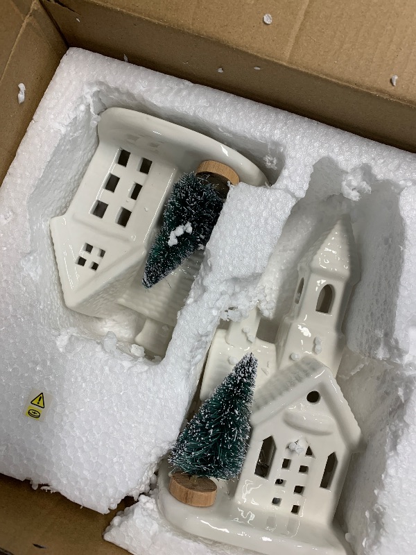 Photo 1 of (missing one) (see all images) DN DECONATION Light up Christmas Decor Ceramic Village Houses, 3Pcs White Christmas Porcelain Villages