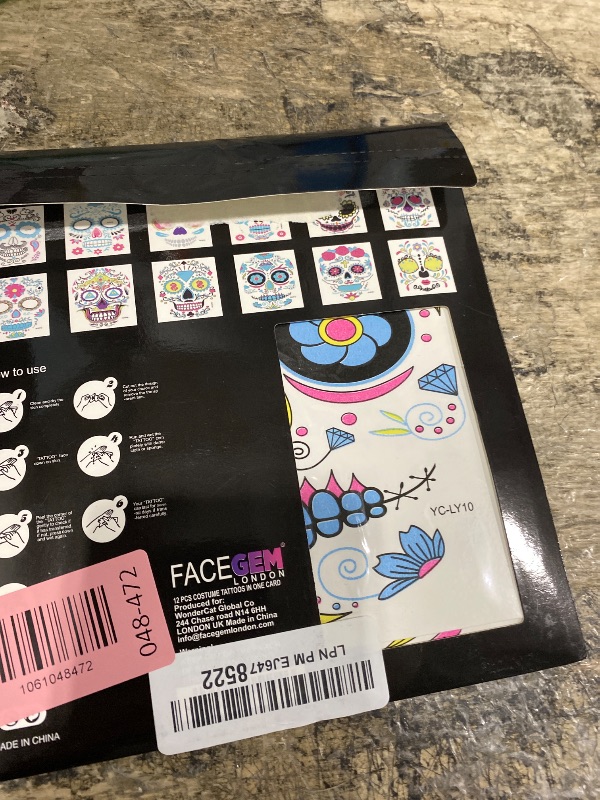 Photo 1 of 12 PCS Day of the Dead Costume Tattoos for Halloween - Temporary Sugar Skull Face Stickers for Makeup, Masquerade, Parties. Face & Body Tattoos for Events