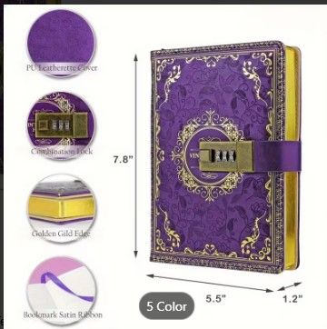 Photo 1 of *LOCKED OPEN* Vintage Leather Journal Notebook with Combination Lock, Diary with lock for girls, Diary for girls, Diary book with lock, A5 Embossed Flower Secret