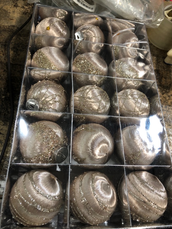 Photo 1 of 15 Pack 3.15" Fancy Christmas Tree Ornaments Set Large Christmas Baubles for Festive Decor Velvet Shatterproof Ornaments for Tree with Assorted Styles Satin Great as Christmas Ball Bulk Champagne