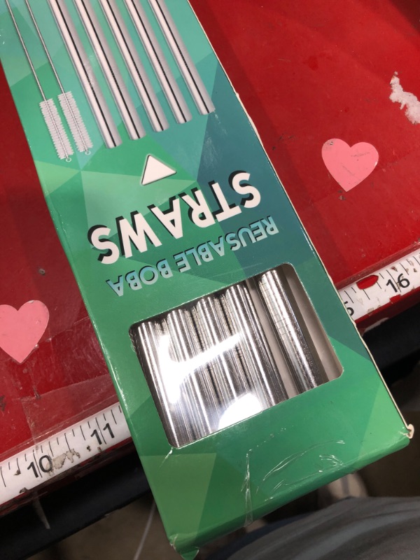 Photo 1 of [Angled Tips] 5 Pcs 10" Reusable Bubble Tea Straws & Smoothie Straws, 0.5" Wide Stainless Steel Straw, Metal Straw for Boba, Tapioca Pearl, Milkshakes, Jumbo Drinks | 2 Cleaning Brushes