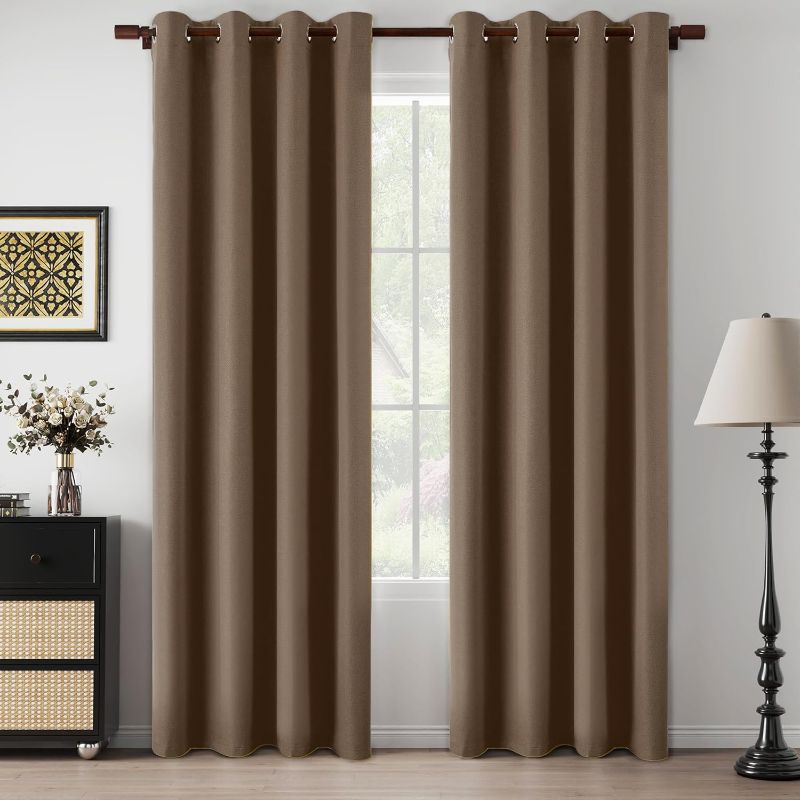 Photo 1 of 100% Blackout Taupe Curtains 84 Inch Length for Bedroom, Linen Textured Thermal Insulated Soundproof Lightweight Grommet Curtain Panels for Living Room, Warm Taupe, W105 x L84, 2 Panels