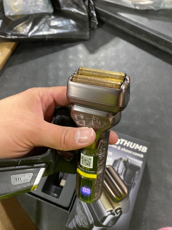 Photo 1 of PongTHUMB Electric Razor for Men with Pop-Up Trimmer: Rechargeable Cordless Foil Shaver for Face - Wet/Dry/Anti-Slip Waterproof Shavers with LED Display - Metal Handheld Design Light Gray