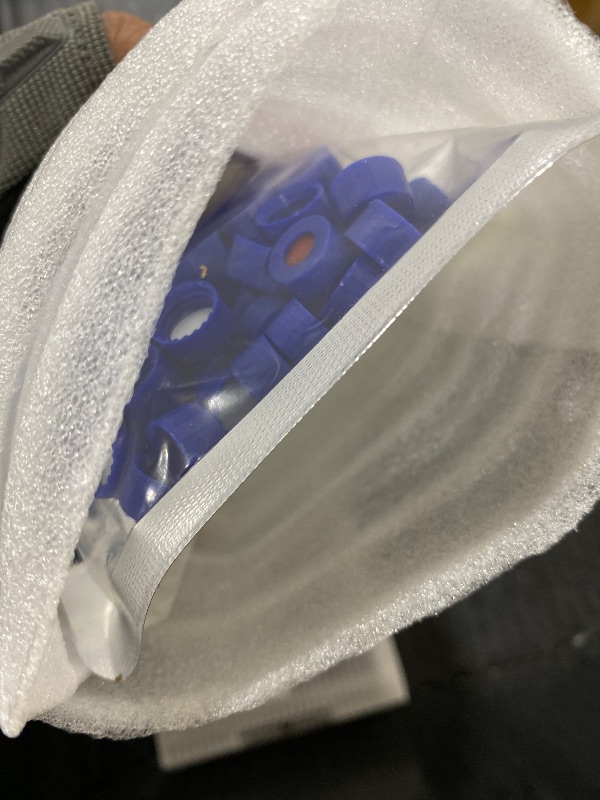 Photo 1 of FOUR E'S SCIENTIFIC 2ml Autosampler Vials 1000 Pack - HPLC Vial | 9-425 Amber Vial with Blue Screw Caps | Writing Patch | Graduation | White PTFE & Red Silicone Septa Fit for LC Sampler