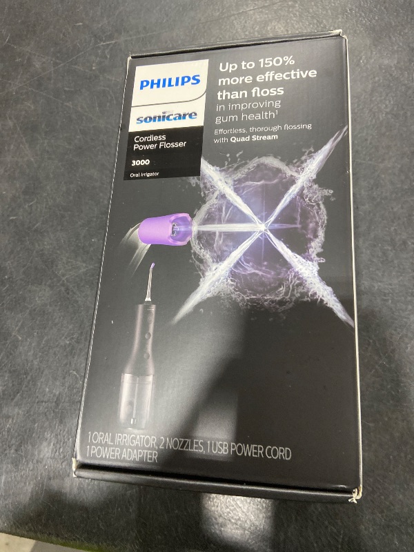 Photo 1 of Philips Sonicare Cordless Power Flosser 3000 - Water Flosser with Innovative Quad Stream Technology, Oral Irrigator with 2 Flossing Modes and 3 Pressure Levels, IPX7 Waterproof, Black, HX3826/23