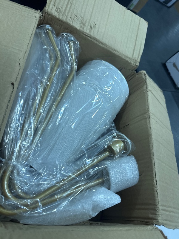 Photo 1 of Brass Gold Chandeliers for Dining Room, 5-Light Modern Pendant Light Fixture Over Table with White Shade Farmhouse Lighting Fixtures for Living Room Bedroom Hallway Height Adjustable