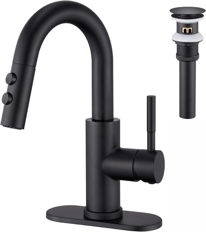 Photo 1 of Bathroom Sink Faucet with Pull Down Sprayer, Matte Black Single Handle Pull Out Faucet with Pop-Up Drain, 1 or 3 Hole Laundry Bar Basin Faucet with Deck Plate, KBL-7002B-CL2