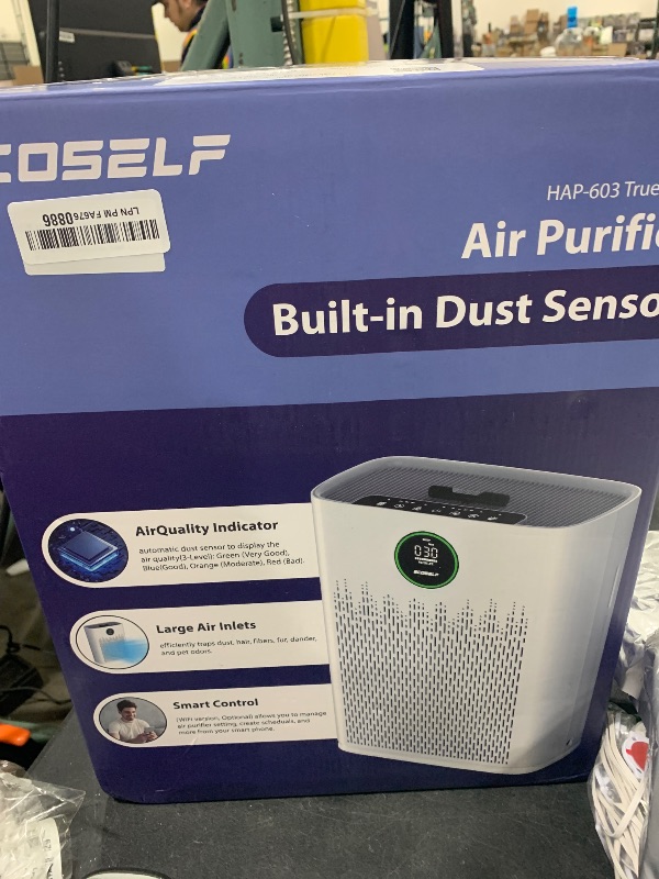 Photo 1 of ECOSELF Smart Air Purifier for Home Large Rooms, with WiFi Control, Covers Up to 2400 Ft², Smart Mode, AQI Display, 22dB Sleep Mode & Aromatherapy with 2X-Power Filtration, HAP603WF, Bright White