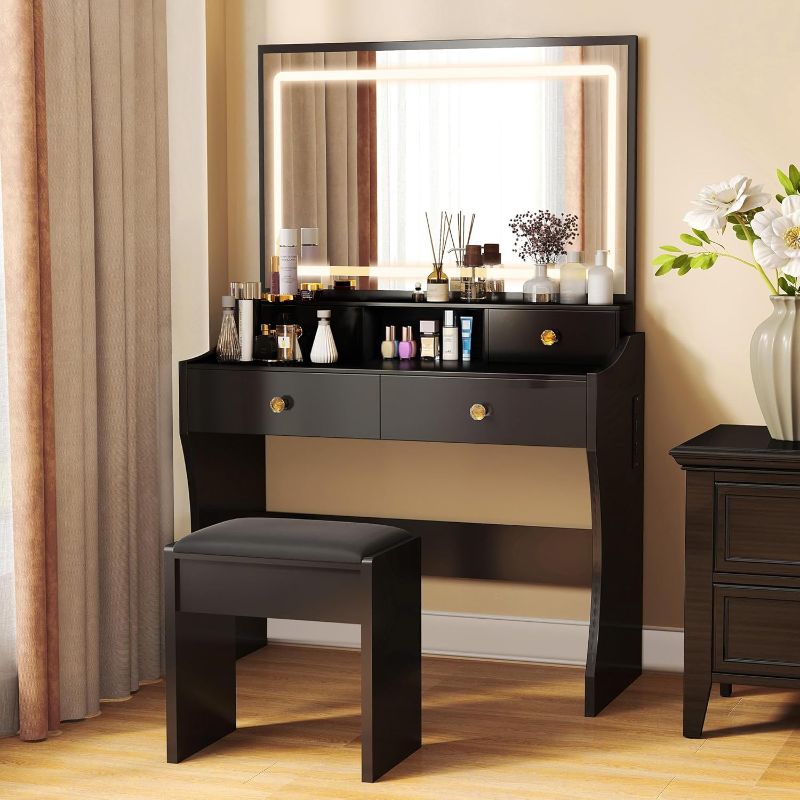 Photo 1 of COMHOMA Makeup Vanity Desk with Mirror and Lights, Vanity Table and Chair Set with 4 Drawers and Charging Station, Bedroom Dresser LED Mirror Stepless Dimmable & 3 Color Modes Adjustable, Black