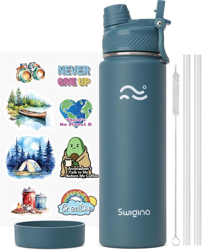 View 1 of [2-IN-1 LID] Insulated Water Bottle with Silicone Boot (36hrs Cold/18hrs Hot) - DIY Stickers, Leakproof, BPA Free, 24 oz
