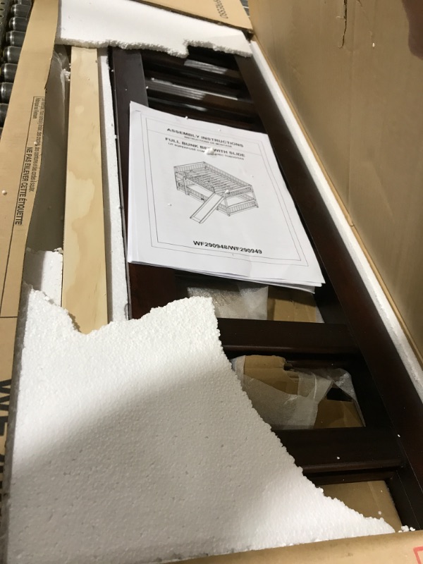 Photo 1 of Merax Full Over Full Bunk Bed with Slide, Low Bunk Bed with Fence and Ladder, Solid Pine Wood Structure forBedroom, Espresso  BOX 1 OF 2 ONLY