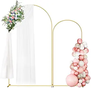 Photo 1 of Wedding Arch Backdrop Stand Set of 2 (7.3FT/6FT), Gold Metal Arch Backdrop Stand,Balloon Arch Stand for Wedding Ceremony Baby Shower Outdoor Indoor Birthday Party Graduation Decoration,Gold