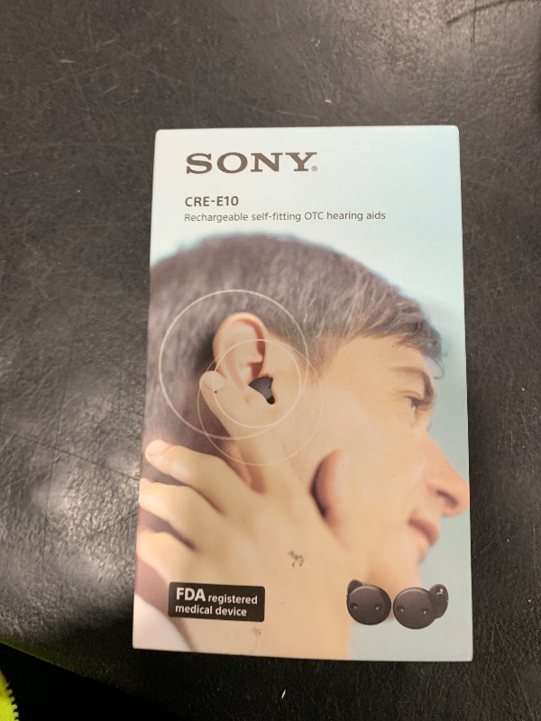 Photo 1 of Sony CRE-E10 Self-Fitting OTC Hearing Aids for Mild to Moderate Hearing Loss, Prescription-Grade Sound Quality, Comfortable Earbud Design, Bluetooth Enabled for iOS, and Rechargeable Battery, Black