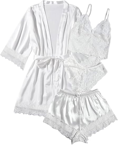Photo 1 of WDIRARA Women' Silk Satin Pajamas Set 4pcs Lingerie Floral Lace Cami Sleepwear with Robe