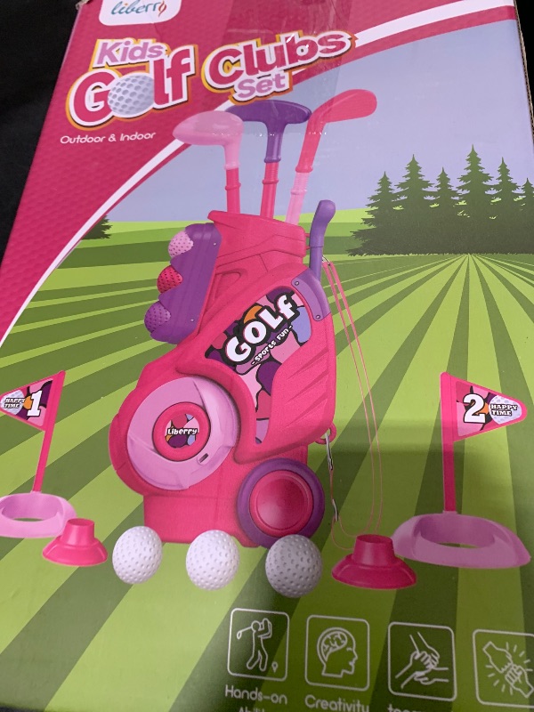 Photo 1 of Liberry Toddler Golf Set with Putting Mat for 2 3 4 Years Old Boys Girls, Upgraded Kids Golf Cart with Unique Shoulder Strap Design, Indoor and Outdoor Golf Toys Gifts (Pink)