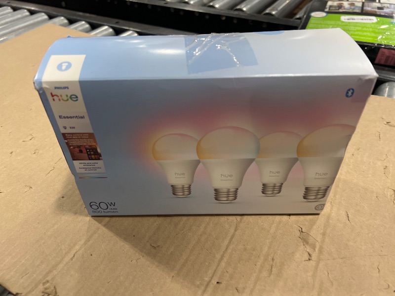Photo 1 of Philips Hue Essential Smart LED A19 Bulb, White and Color Ambiance, E26 Base, 8.8W, 2200K-6500K, 800 Lumens, Dimmable, Works with Alexa, Google, and Apple Home, 4-Pack