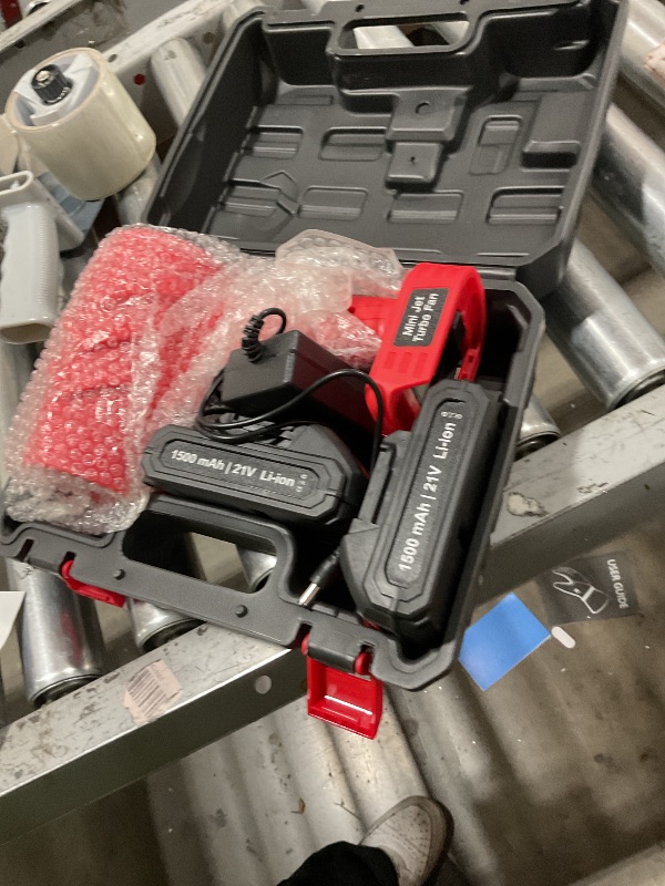 Photo 1 of Electric Mini Leaf Blower, Powered Handheld Blower Leaf, Adjustable Wind Speed Cordless 21V Battery Blower with 2 Rechargeable Batteries and Charger, Toolbox, for Yard Leaf & Snow Removal(Red)