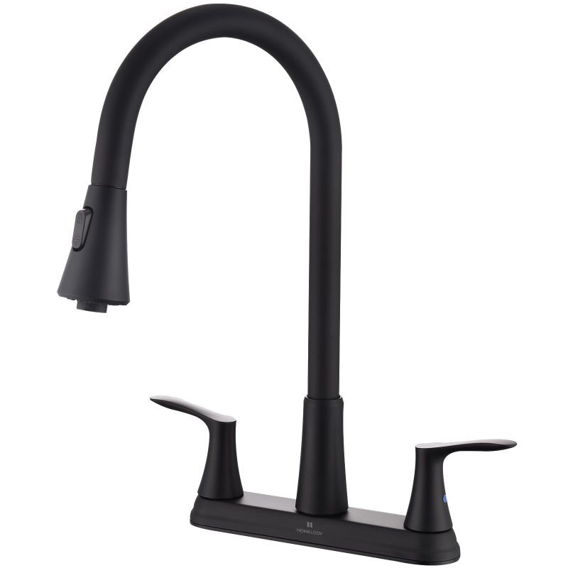 Photo 1 of HOMELODY 2 Handles Kitchen Faucet with Pull Down Sprayer for 3 Hole Sink, 8 inch 360° Rotating Spout Centerset Kitchen Sink Faucet with Water Lines Matte Black