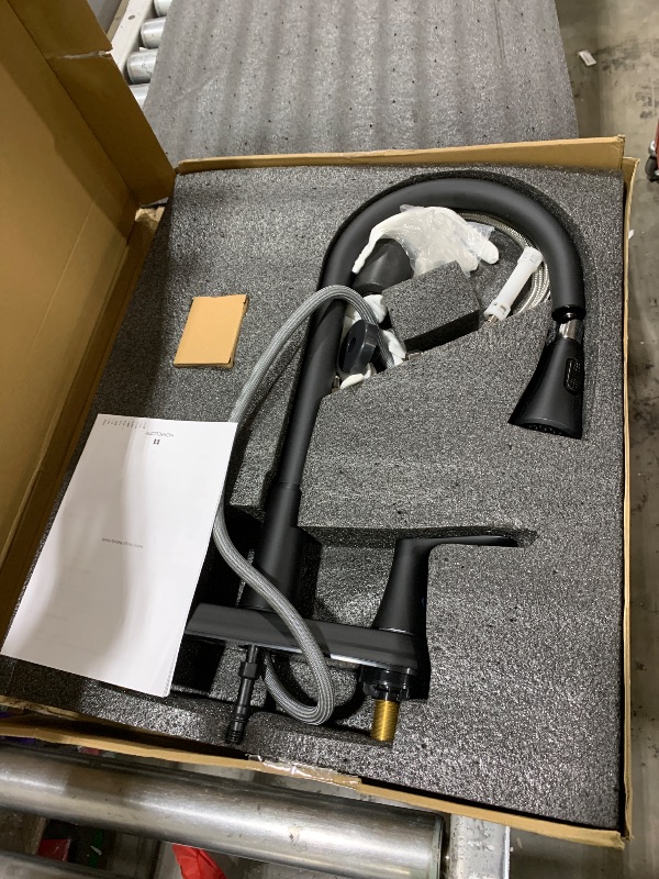 Photo 1 of HOMELODY 2 Handles Kitchen Faucet with Pull Down Sprayer for 3 Hole Sink, 8 inch 360° Rotating Spout Centerset Kitchen Sink Faucet with Water Lines Matte Black