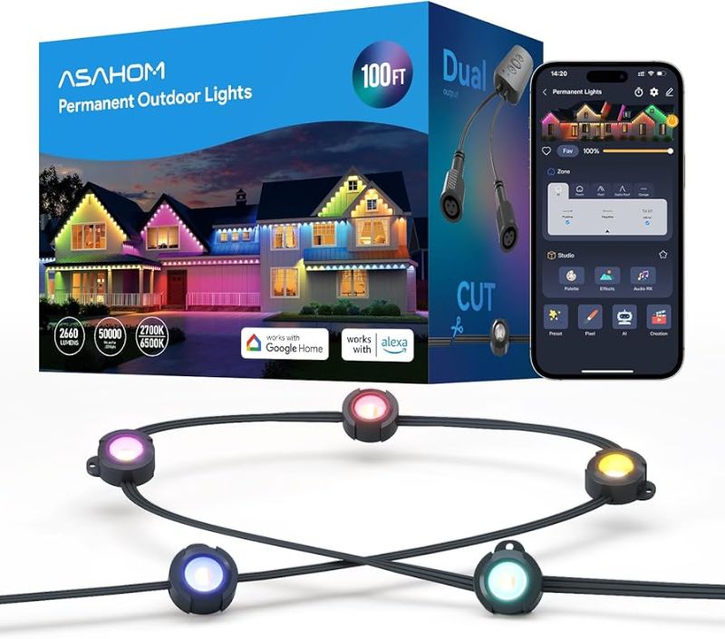 Photo 1 of ASAHOM AI Permanent Outdoor Lights S107B, 100FT with 72 RGBCW LED Lights, 30,000 Lighting Effect, Controller with Dual Output, Extend to 800FT, Cuttable for House Outdoor Decor Daily Lighting, Black