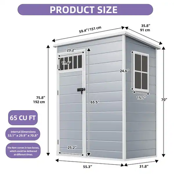 Photo 1 of ModFusion 4.61×2.65×6.32 ft Plastic Storage Shed with Window, Floor, 65 Cu.ft Portable Resin Upright Vertical Garage Organizer, Outdoor Trash Can, Gray