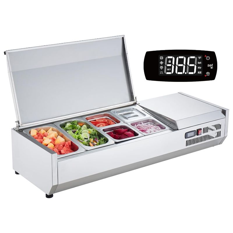 Photo 1 of VEVOR Refrigerated Condiment Prep Station, 135 W Countertop Refrigerated Condiment Station, with 2 1/3 Pans & 4 1/6 Pans, 304 Stainless Body and PC Lid, Sandwich Prep Table with Stainless Guard, ETL