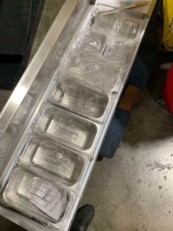 Photo 1 of VEVOR Refrigerated Condiment Prep Station, 135 W Countertop Refrigerated Condiment Station, with 2 1/3 Pans & 4 1/6 Pans, 304 Stainless Body and PC Lid, Sandwich Prep Table with Stainless Guard, ETL