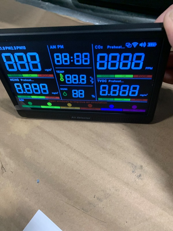 View 2 of ***SIMILAR***

16 in 1 Air Quality Monitor Indoor 7" Display 9 AQI+7 AQI Alerts, CO2 Monitor Air Quality Tester for CO2, TVOC, PM2.5 PM1.0 PM10, HCHO Temperature Humidity AQI & Time Air Quality Meter for Home