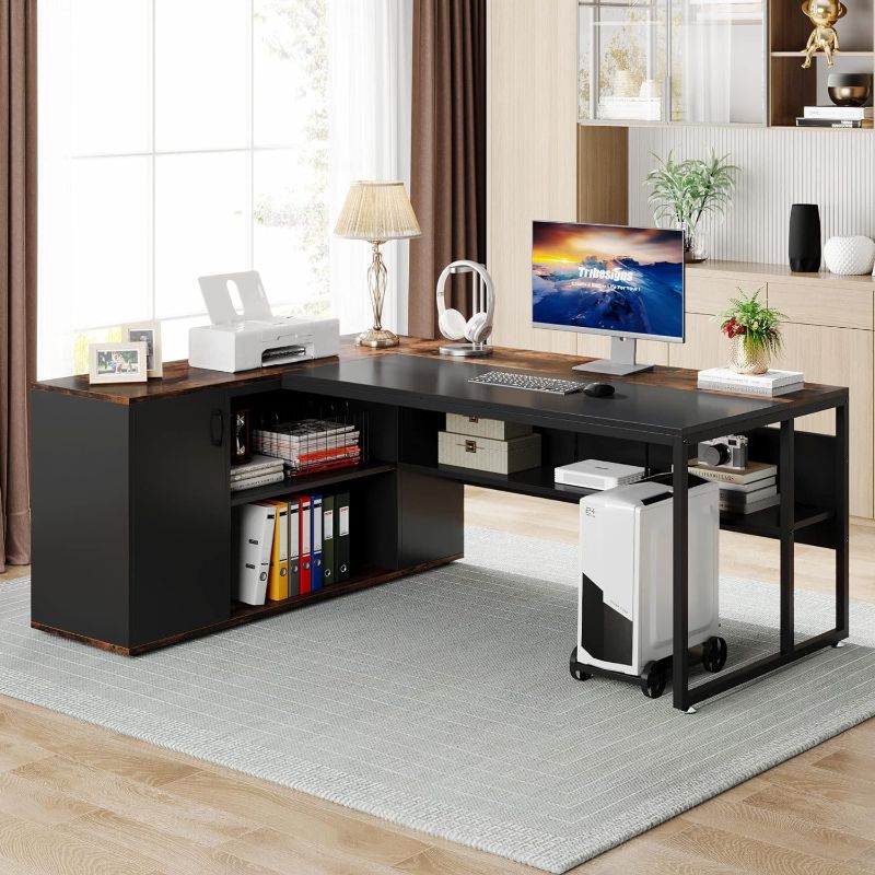 Photo 1 of **SIMILAR**
**MISSING screws** Tribesigns 71 inch Executive Desk, L Shaped Desk with Cabinet Storage, Executive Office Desk with Shelves, Business Furniture Workstation for Home Office, Brown and Black