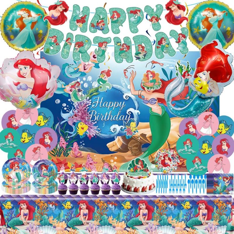 Photo 1 of **similar**Mermaid Birthday Decorations, 113 Pack Movie-Theme Birthday Party Supplies, Beautiful Cartoon Fish Tail Girl Party Supplies Tableware Balloons Banner Serve 10 Guests